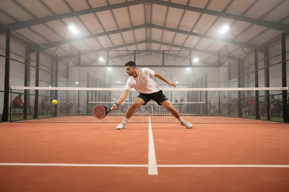 Joueur de padel en volée basse sur une piste indoor au sol orange, qualification pour le championnat de France de padel