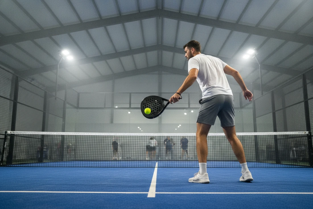 Joueur de padel au service sur une piste indoor au sol bleu, championnat de France de padel