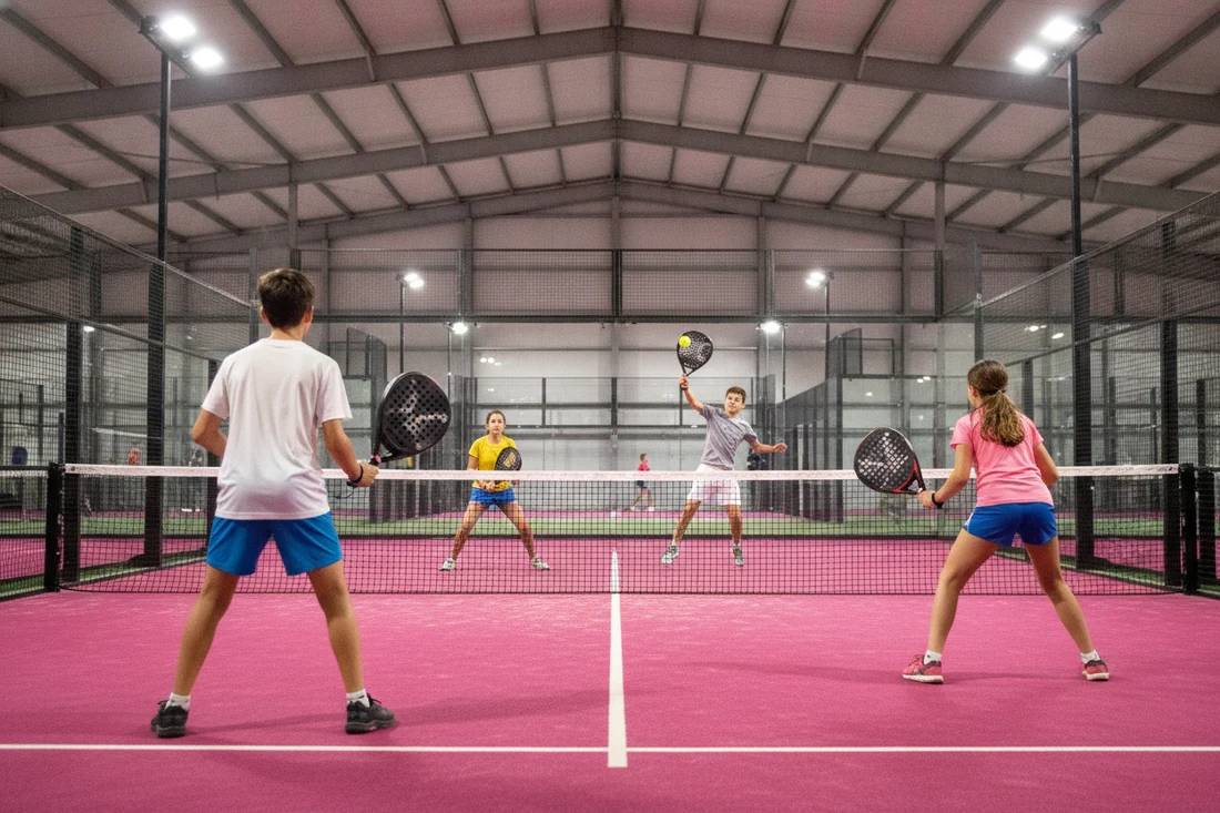 Match de competition jeunes sur un court de padel rose, quatre adolescents en double