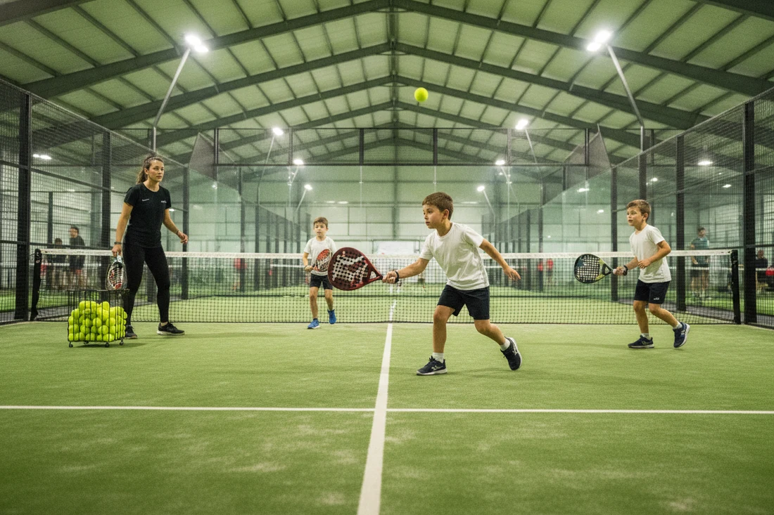 Seance d'ecole de padel avec un moniteur et trois enfants sur un court indoor vert