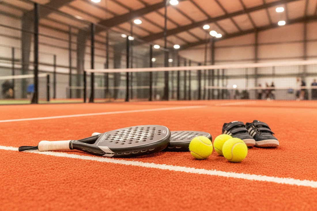 Raquettes junior, balles et chaussures posees sur un court de padel orange, materiel pour un enfant