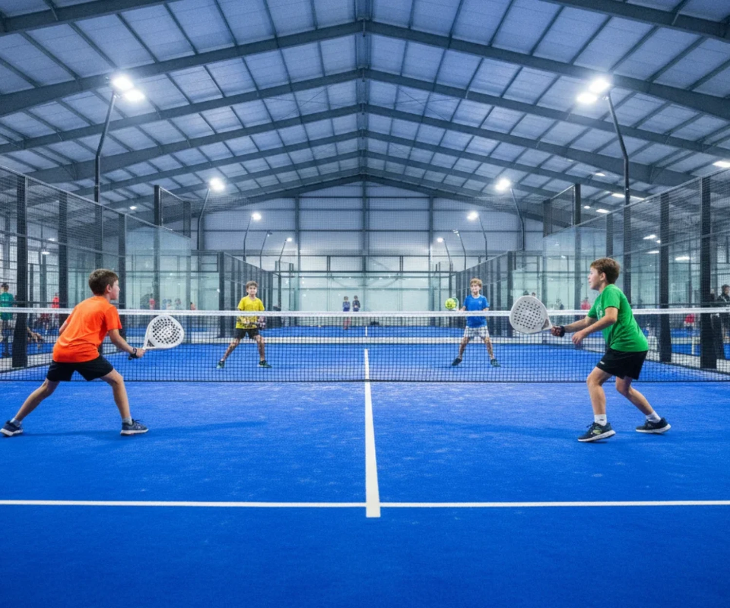 Quatre enfants en match de padel indoor sur un court bleu, deux de chaque cote du filet