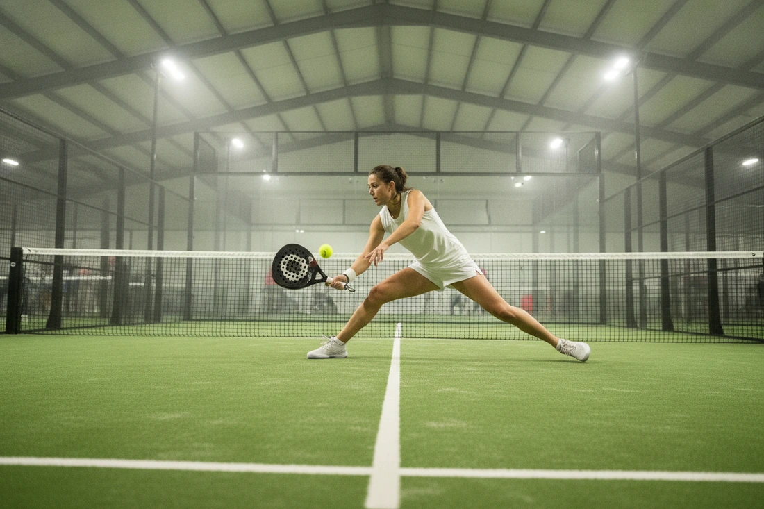 Joueuse de padel en volée basse sur une piste couverte au sol vert, chiffres de la pratique féminine