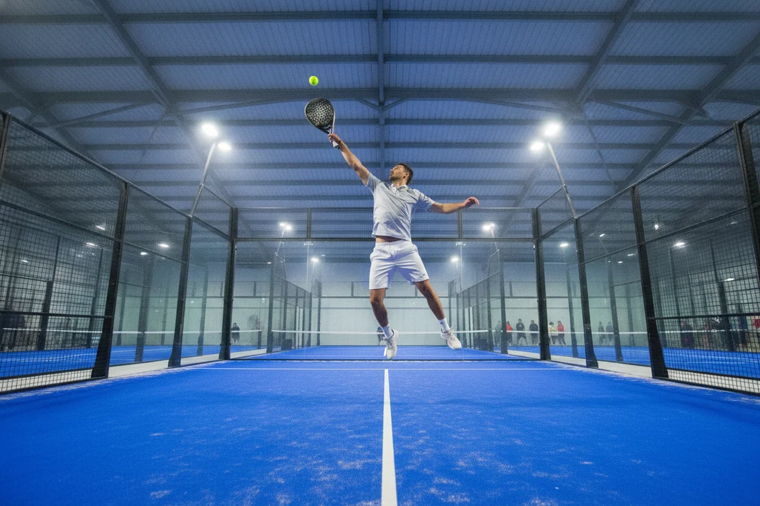 Joueur de padel au smash sur une piste couverte au sol bleu, clubs de padel à Saint-Brieuc
