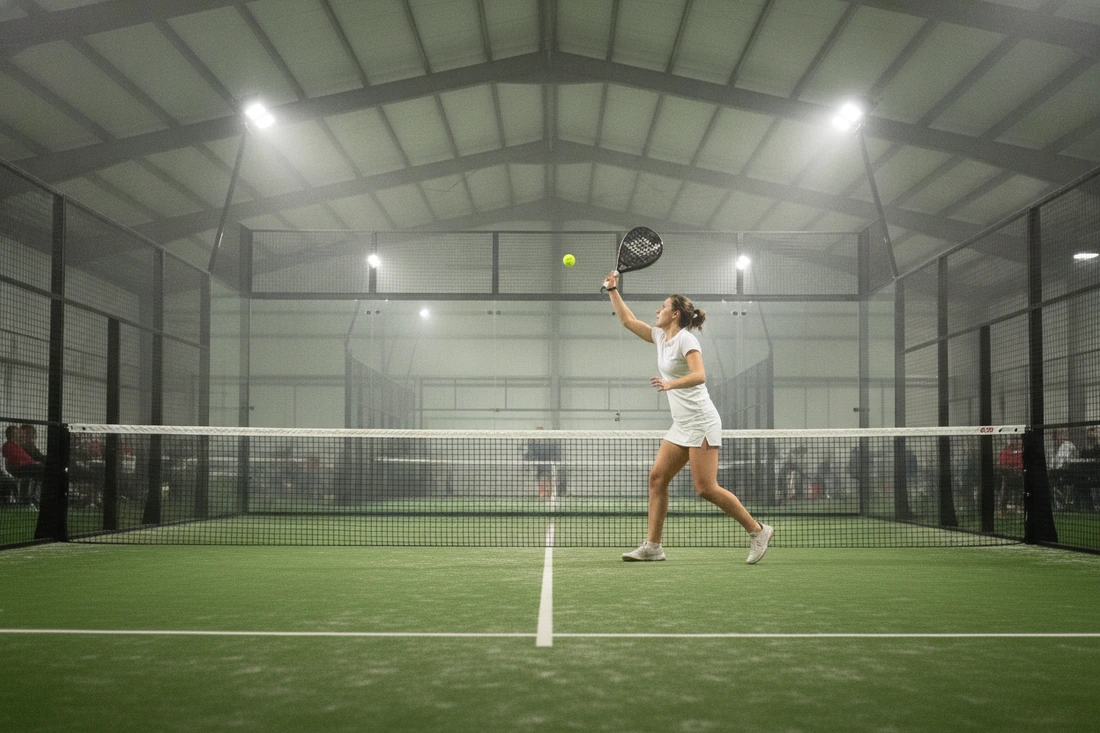 Joueuse de padel frappant une bandeja sur une piste indoor au sol vert, trouver un partenaire à Saint-Brieuc