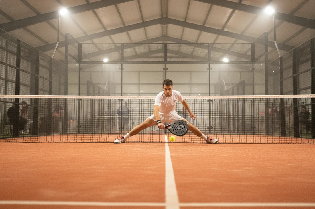 Joueur de padel en volée basse sur une piste indoor au sol orange, tarifs du padel à Saint-Brieuc