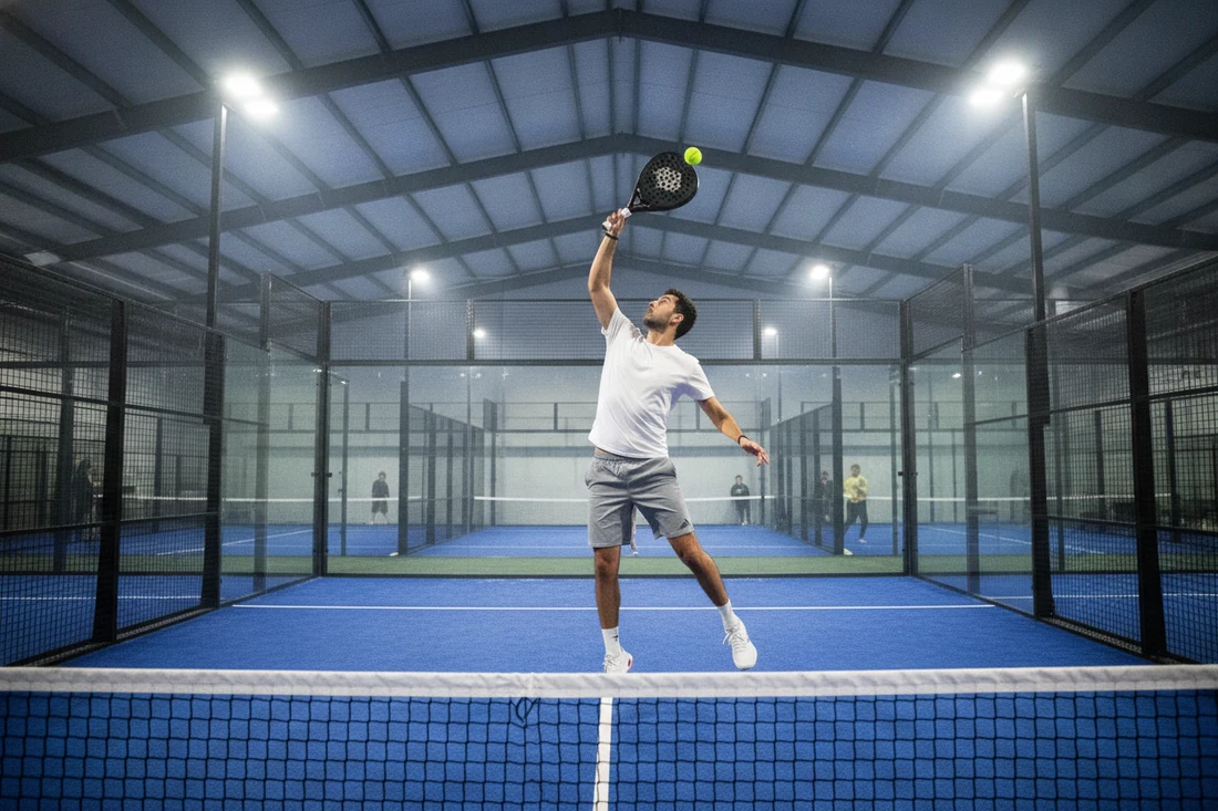 Joueur de padel frappant un smash sur une piste couverte au sol bleu, clubs de padel à Saint-Malo