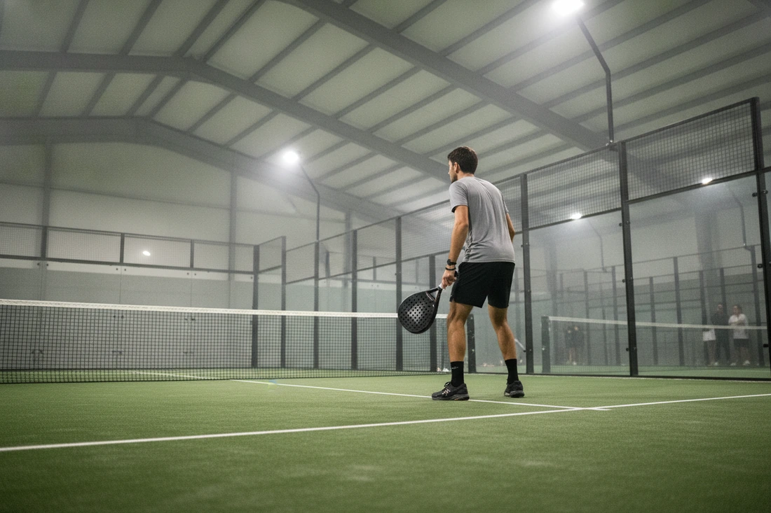 Joueur de padel de dos, raquette au côté, sur une piste indoor au sol vert, trouver un partenaire à Saint-Malo