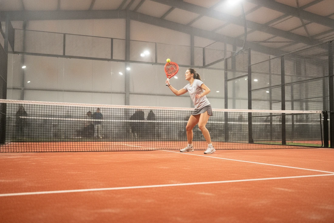 Joueuse de padel frappant une bandeja sur une piste indoor au sol orange, tarifs du padel à Saint-Malo