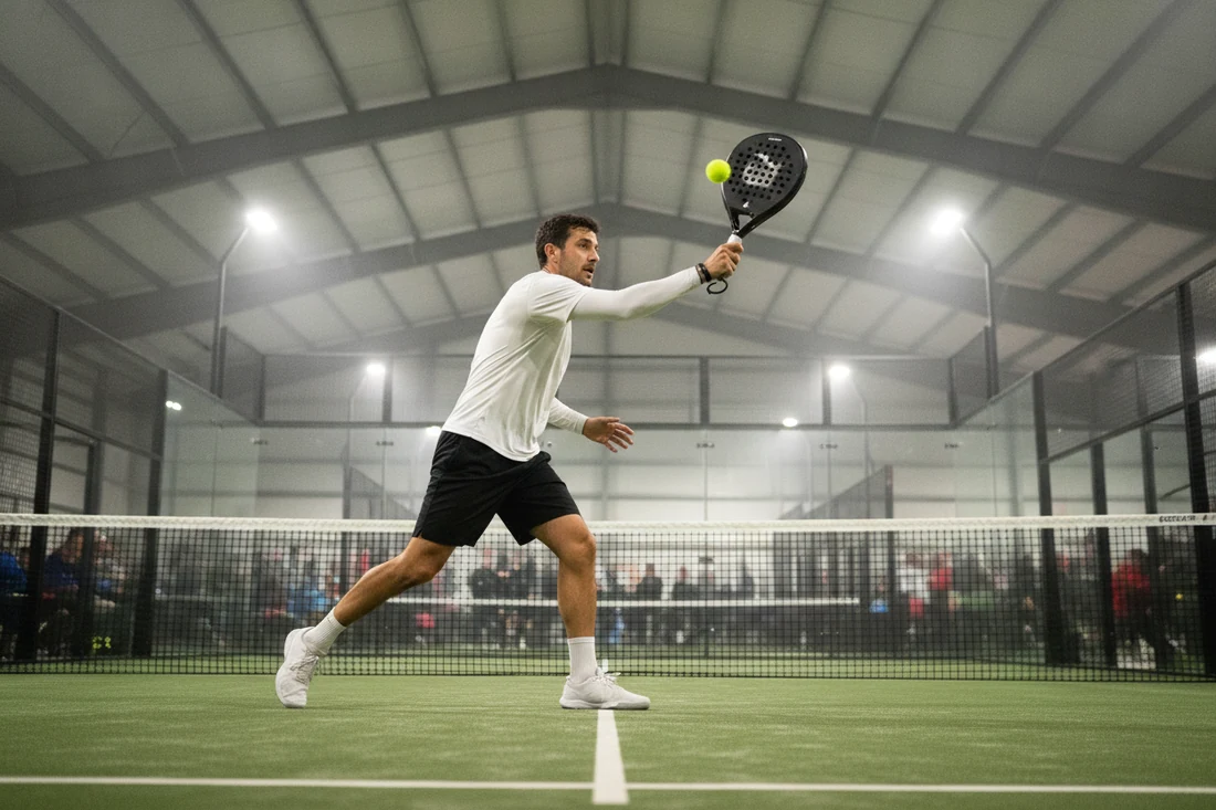 Joueur de padel frappant une bandeja sur une piste couverte, illustration des tarifs du padel à Vannes