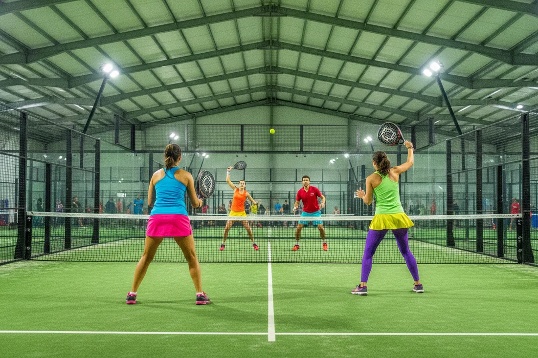 Double mixte de padel indoor sur sol vert, joueurs debutant la competition sans classement