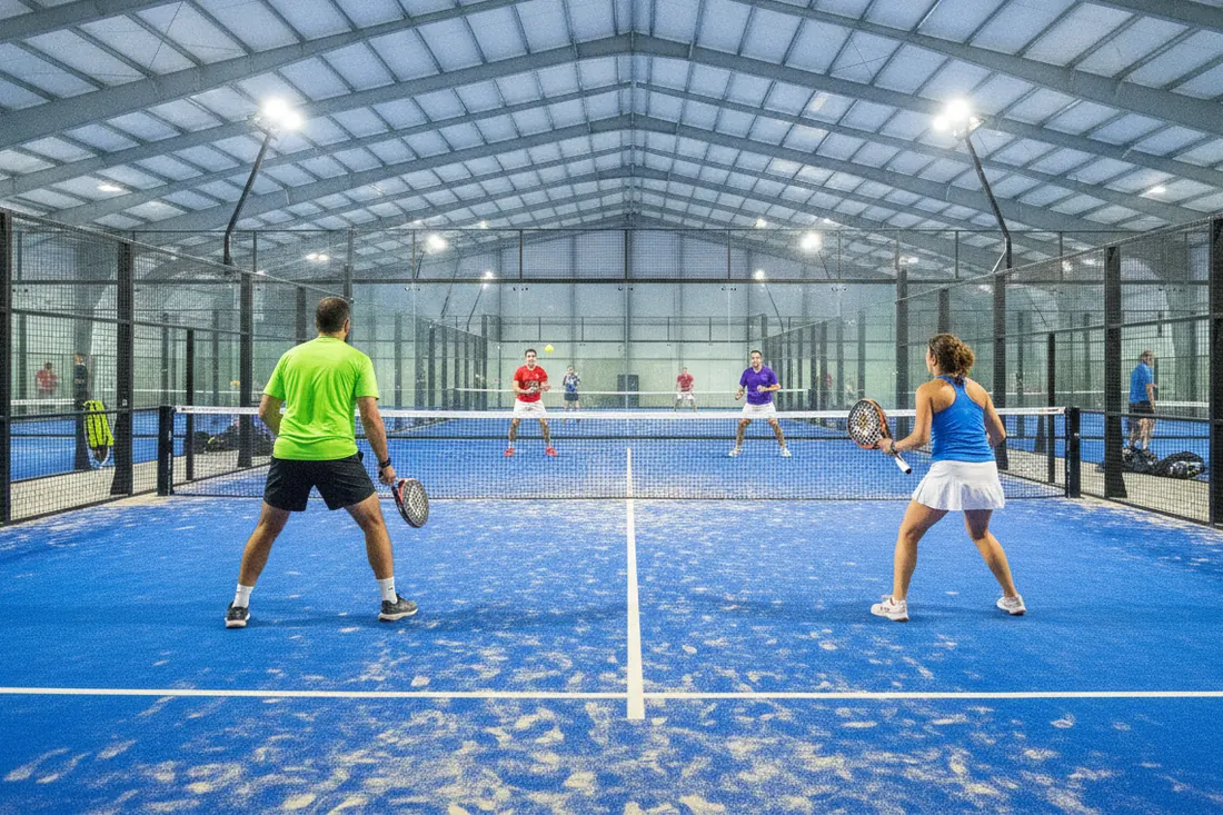 Tournoi P100 de padel avec un tableau bien rempli, pistes indoor occupées et match en double en cours