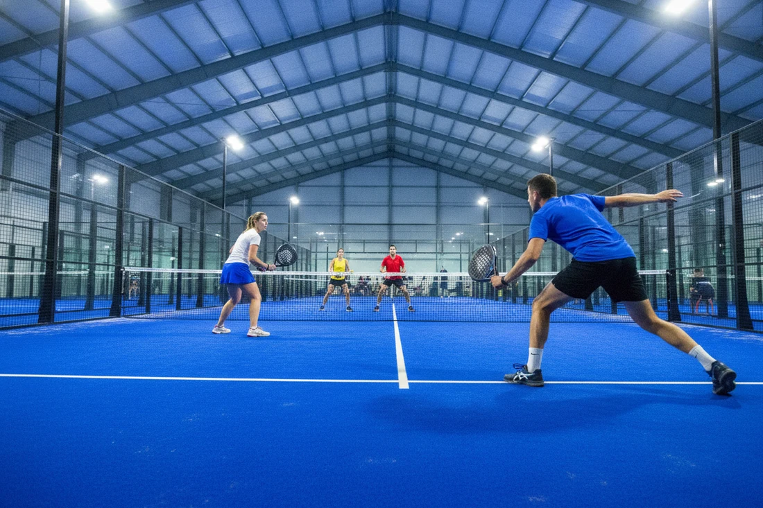 Sortie de vitre en double sur un court de padel bleu, comparaison P500 et P1000