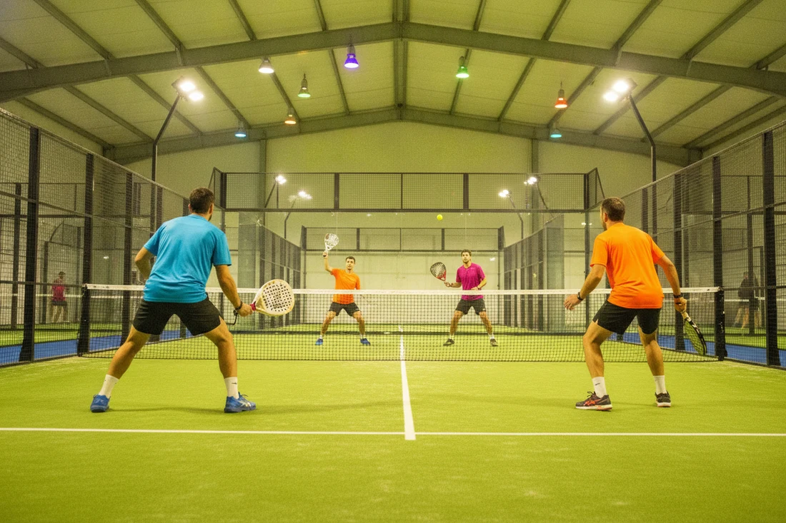 Bandeja jouee en double sur un court de padel vert, niveau requis pour un P1000
