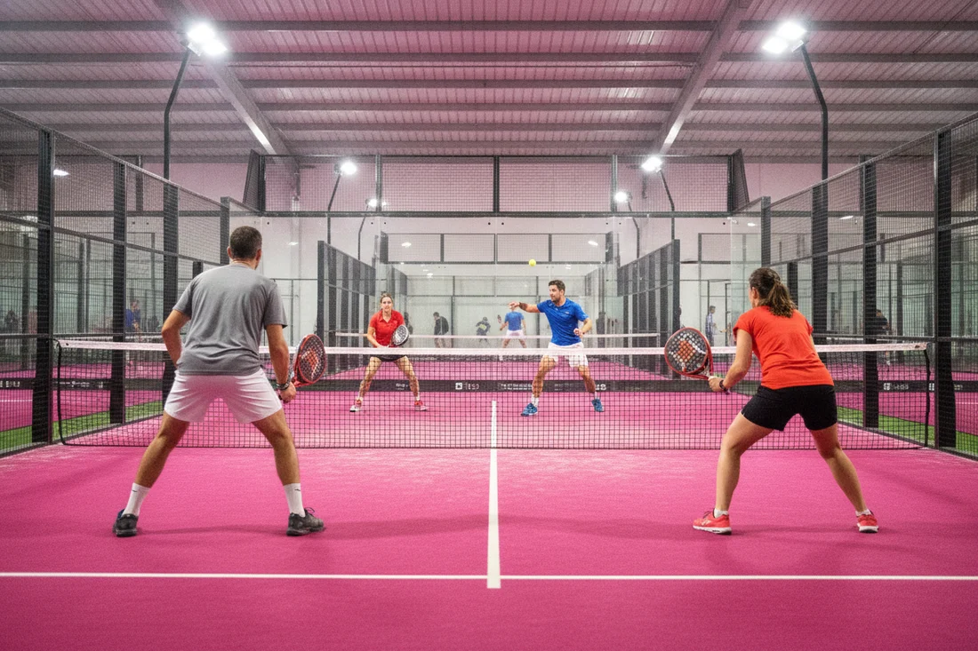 Echange en double sur un court de padel indoor rose, bareme des points P1000