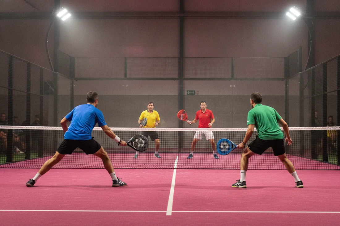 Deux paires face a face en tournoi P250 de padel devant un tableau complet