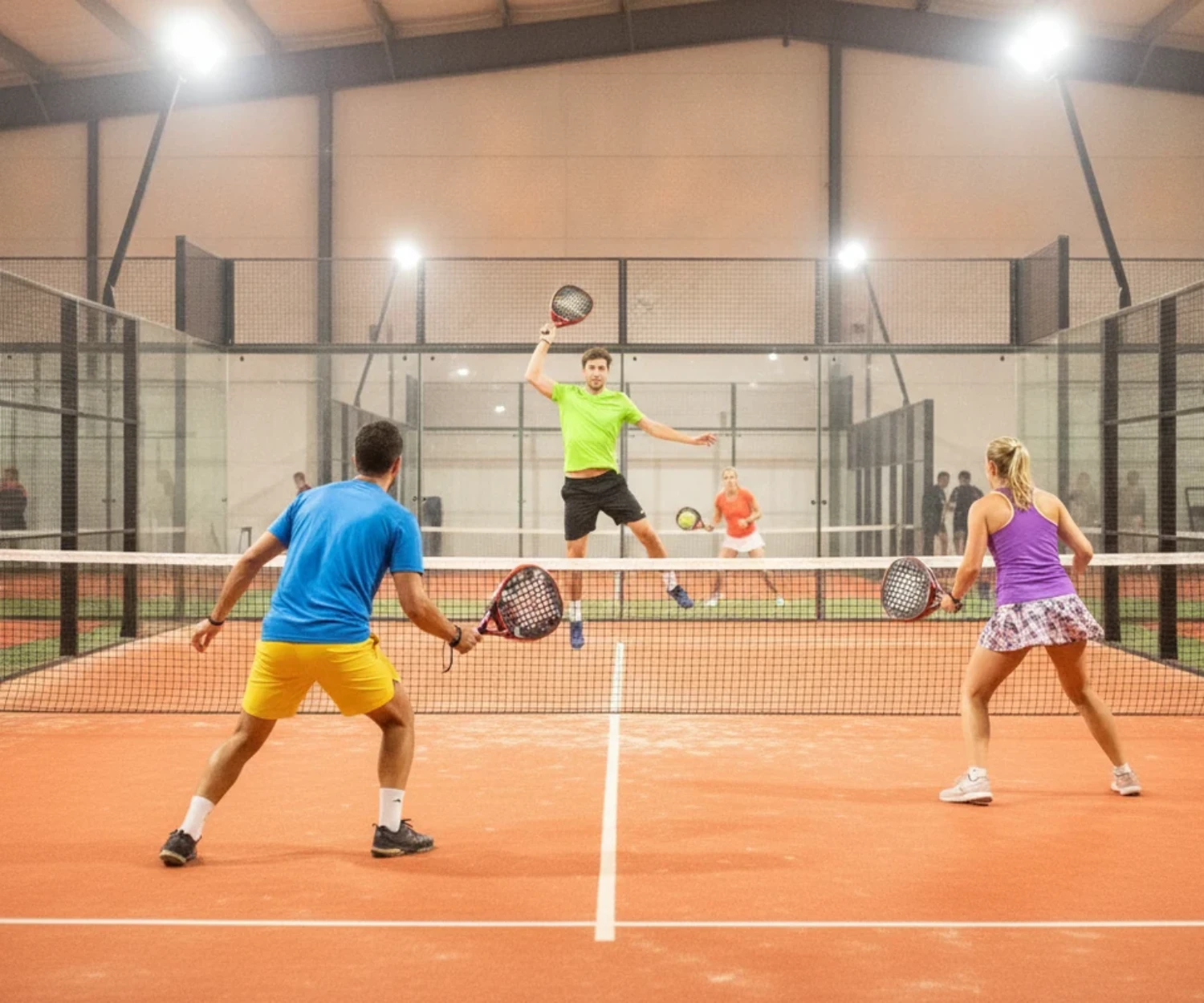 Match de double en tournoi P50 sur un court de padel indoor, les quatre joueurs raquette en main