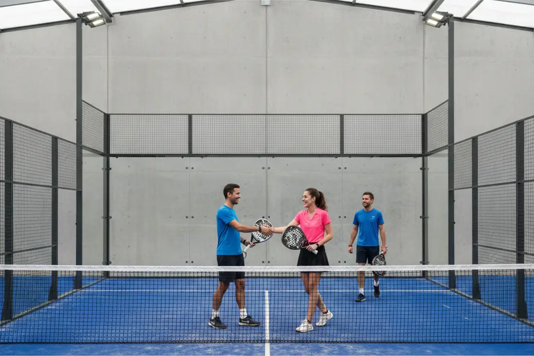 Joueurs de padel se serrant la main au filet apr&egrave;s un match de tournoi P50