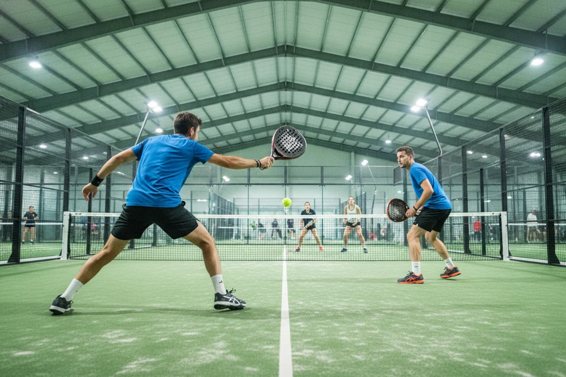 Volee jouee au filet lors d'un point de tournoi P500 sur un court de padel indoor