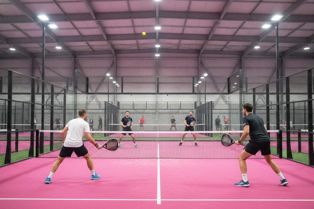 Complexe de padel indoor aux courts remplis pendant un tournoi P500 au tableau complet