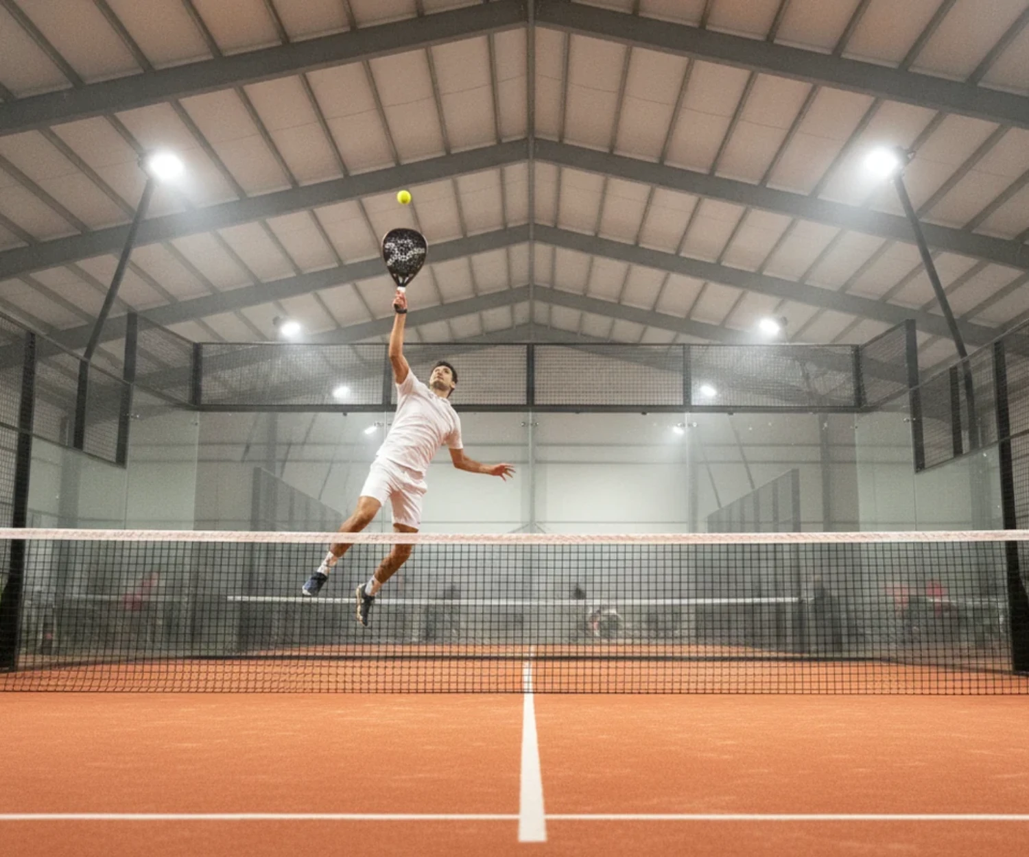 Joueur de padel au smash en suspension sur un court indoor terre battue