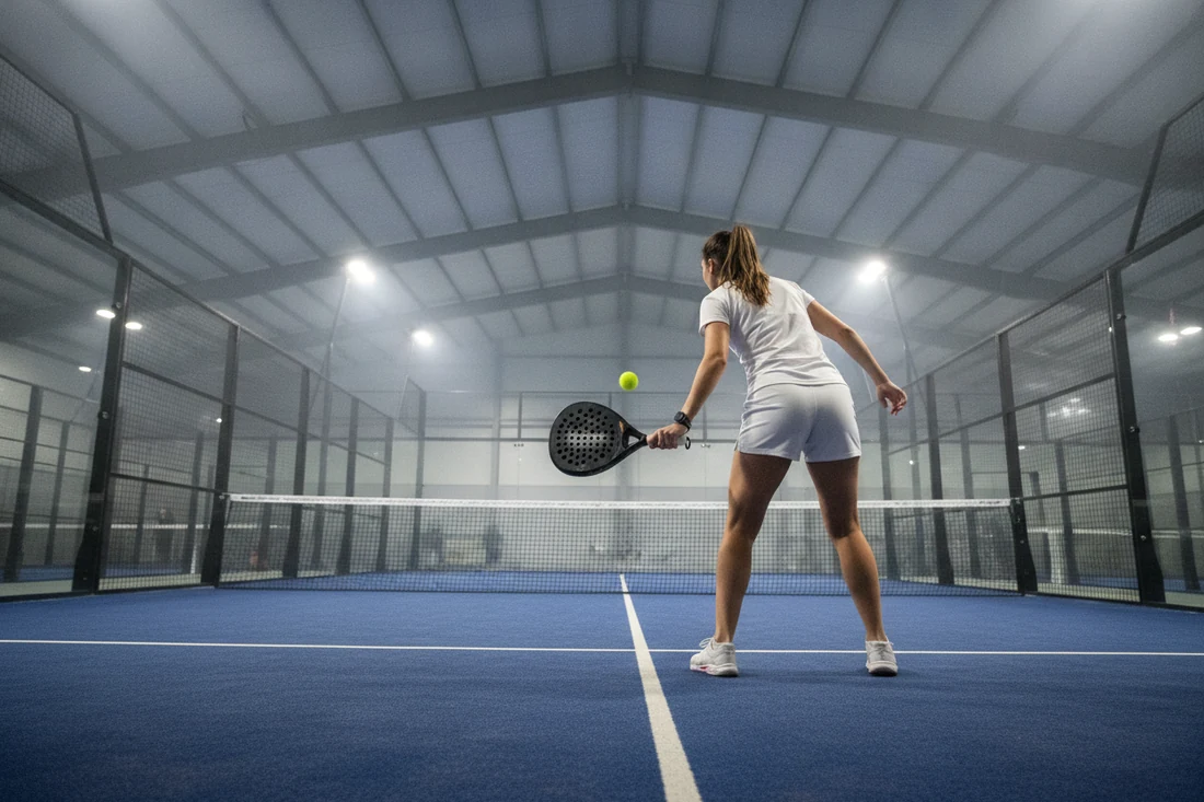 Joueuse de padel au service, le poids de la raquette de padel femme influence le geste
