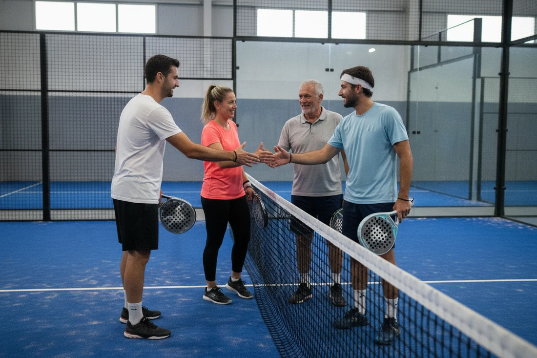 Quatre joueurs de padel se serrent la main au-dessus du filet à la fin d'un match sur une piste bleue