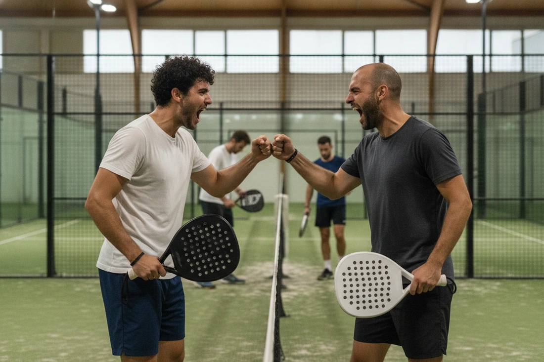Deux partenaires de padel se tapent le poing après un point gagné, court vert couvert, adversaires floues derrière le filet