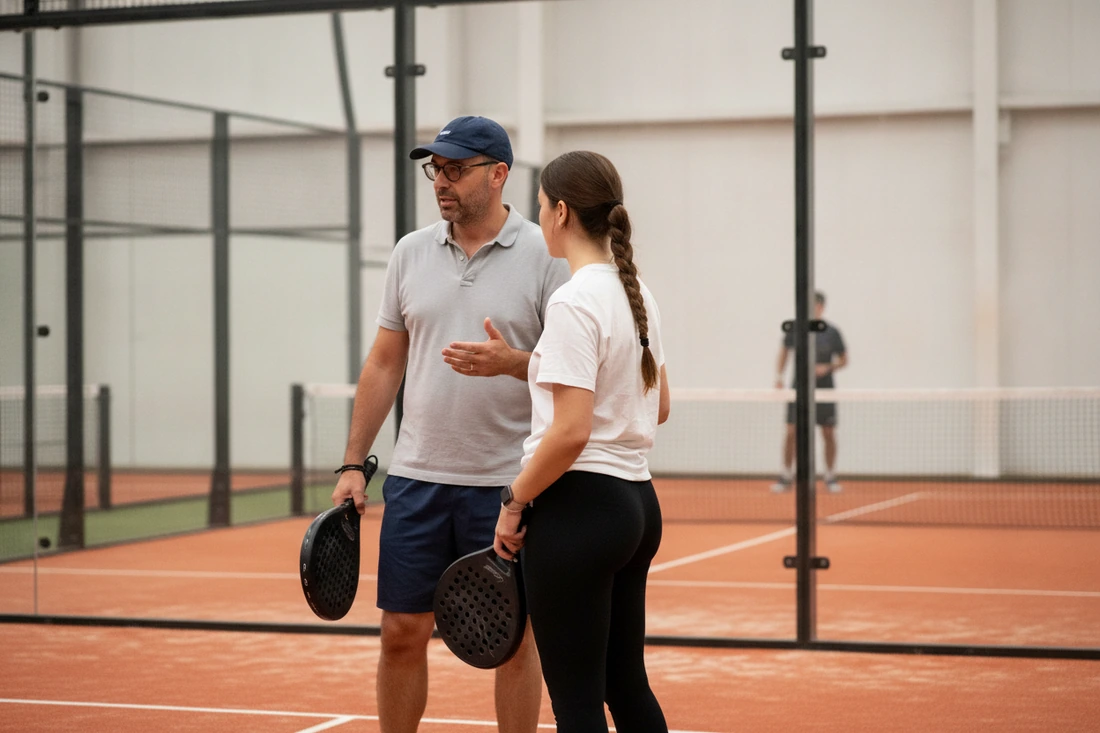 Un joueur de padel à casquette explique une tactique à sa jeune partenaire entre deux points sur une piste orange