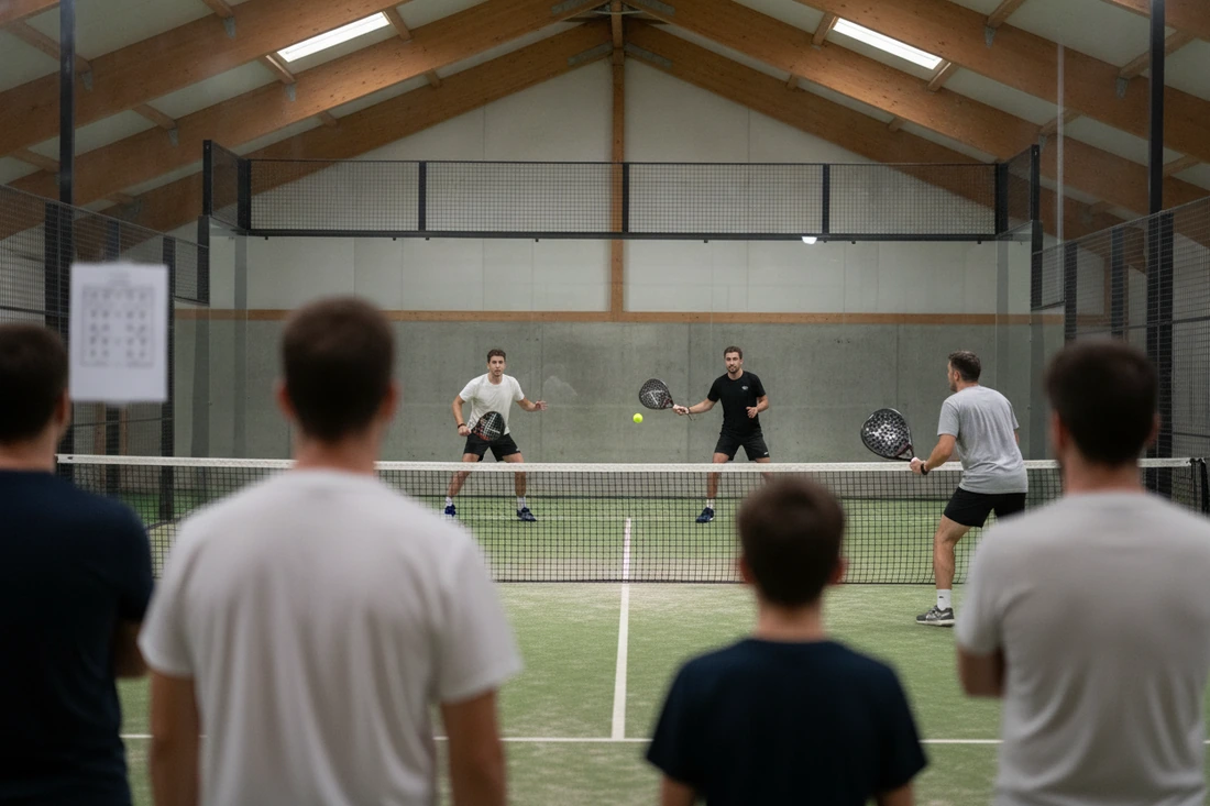 Spectateurs de dos devant la vitre d'un court vert pendant un match de tournoi de club, feuille de tableau collée sur la vitre