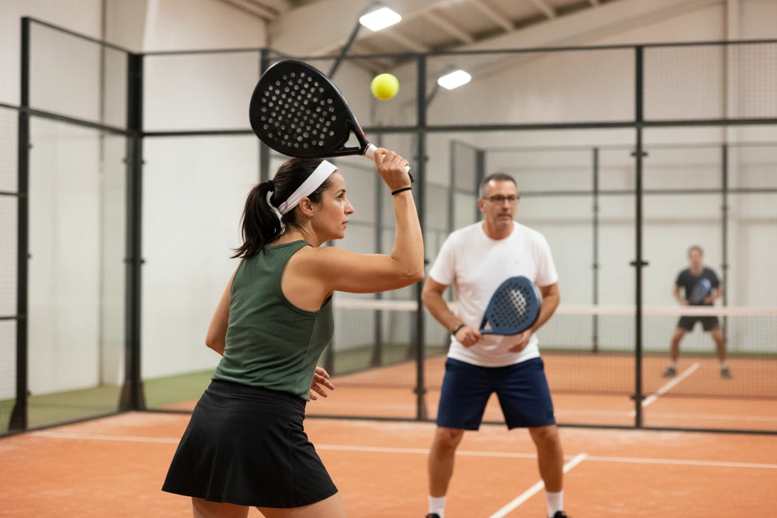 Une joueuse de padel frappe une bandeja vue de profil, son partenaire en attente derrière elle sur une piste orange