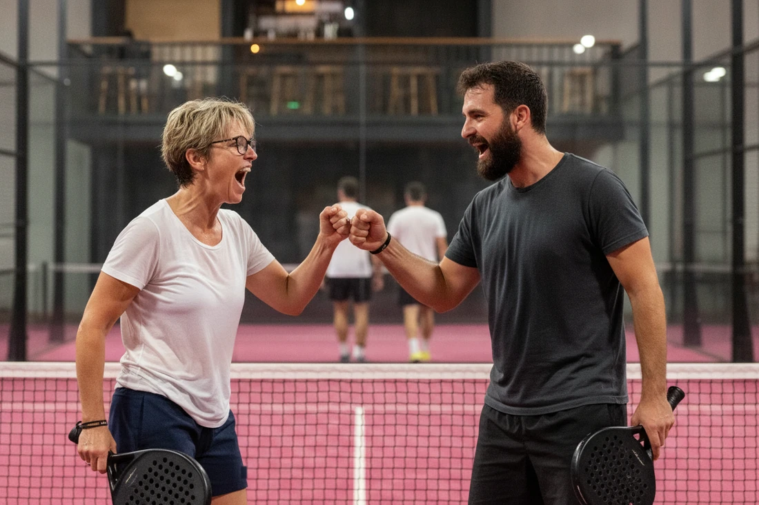 Deux partenaires de padel se tapent le poing après un point gagné, leurs adversaires regagnent le fond de court sur une piste rose