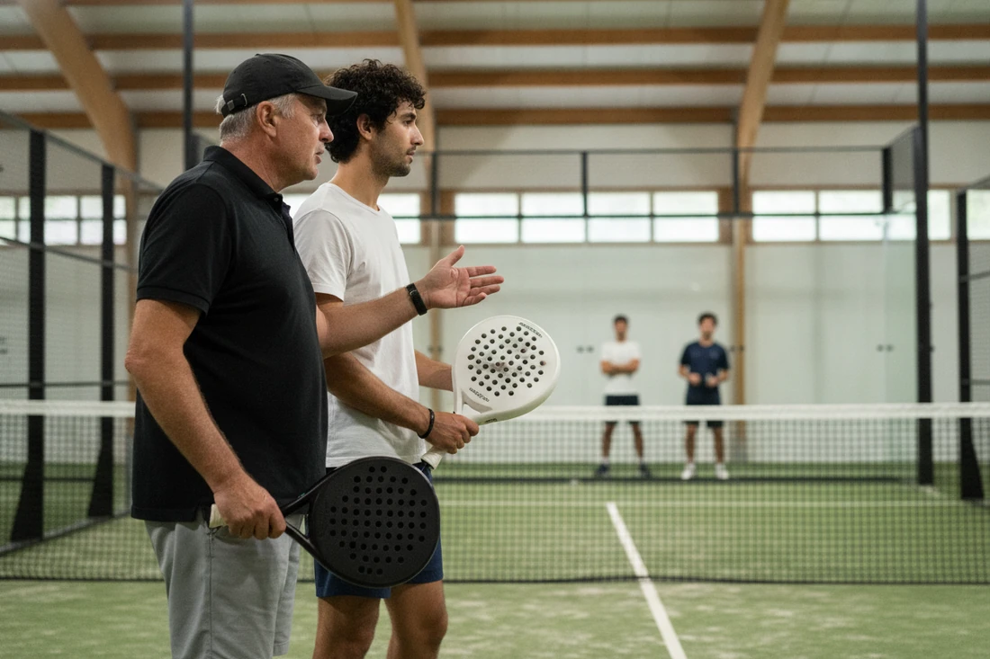 Deux partenaires de padel discutent tactique entre deux points, un joueur de cinquante ans et un jeune joueur, sur un court intérieur