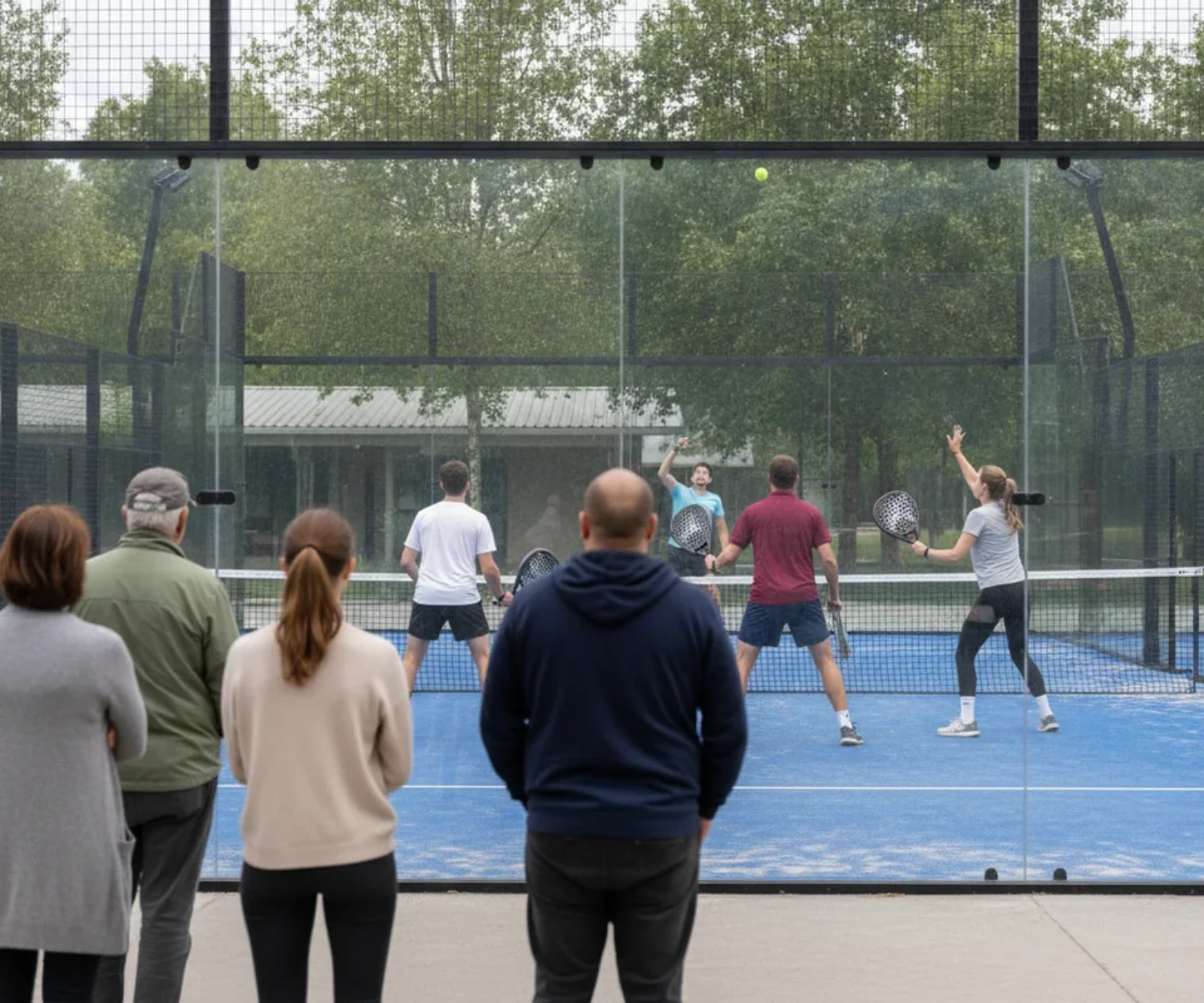 Quatre spectateurs suivent un match de padel derrière la vitre d'un court extérieur, illustration du classement padel des stars