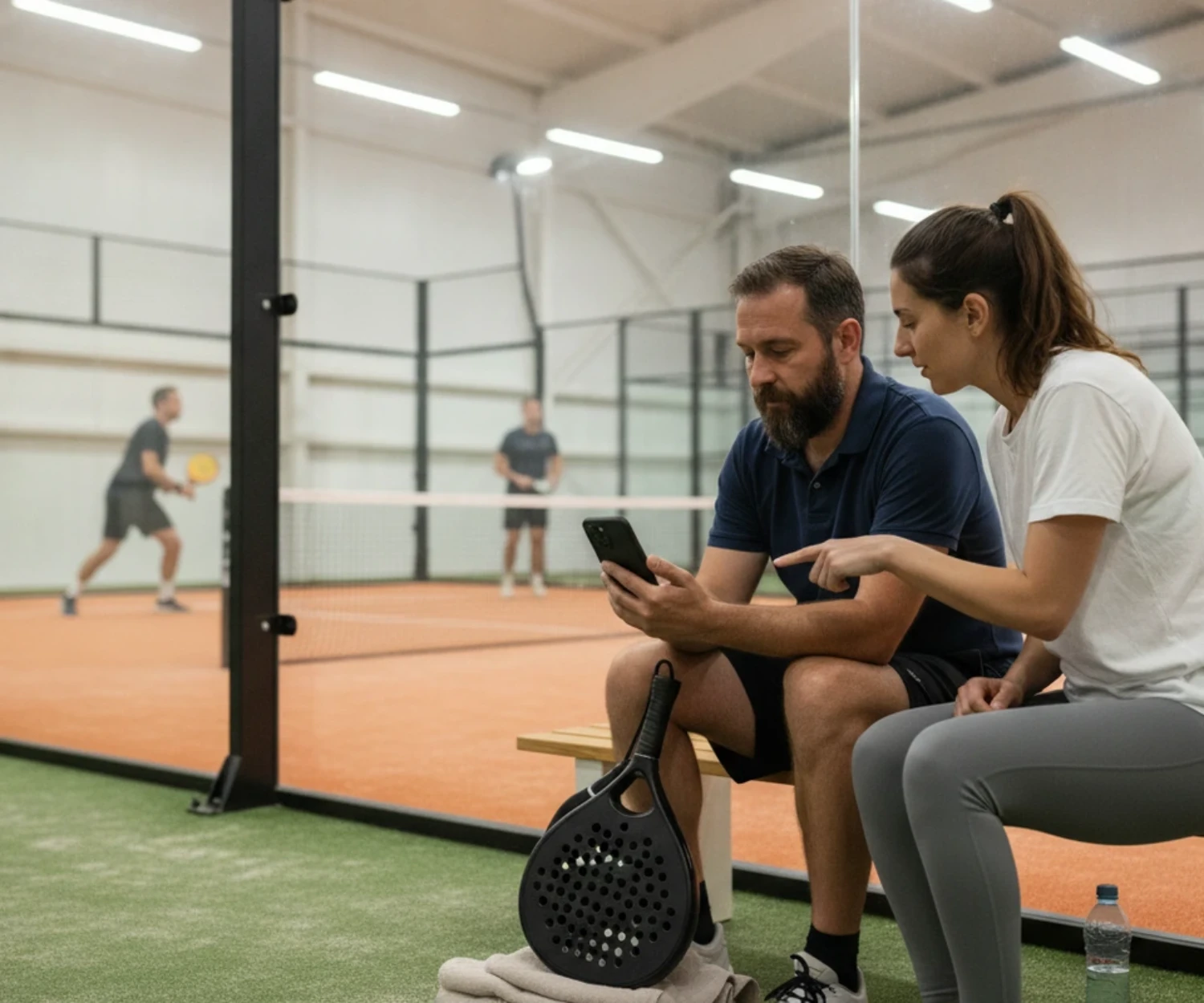 Deux joueurs de padel assis sur le banc consultent un téléphone après un match, raquettes posées, piste orange derrière la vitre