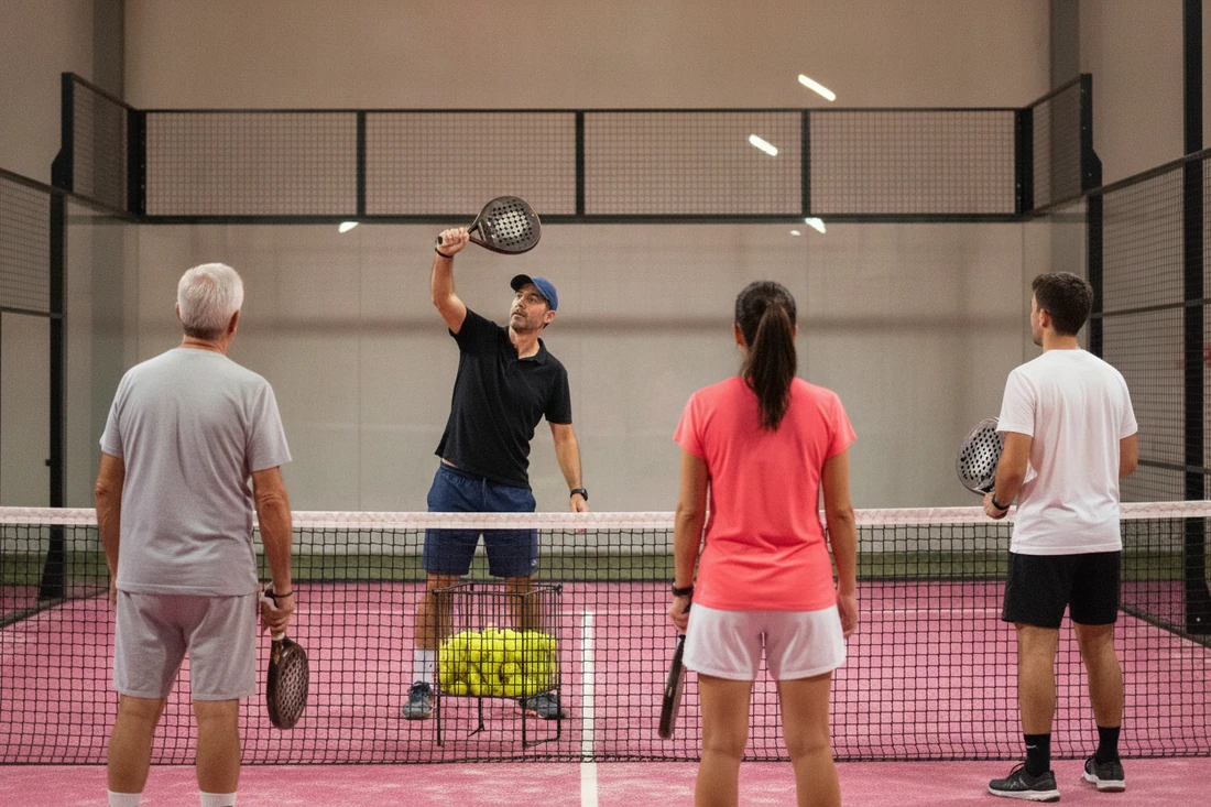 Un coach de padel montre le geste de la bandeja à trois élèves adultes alignés au filet, piste rose
