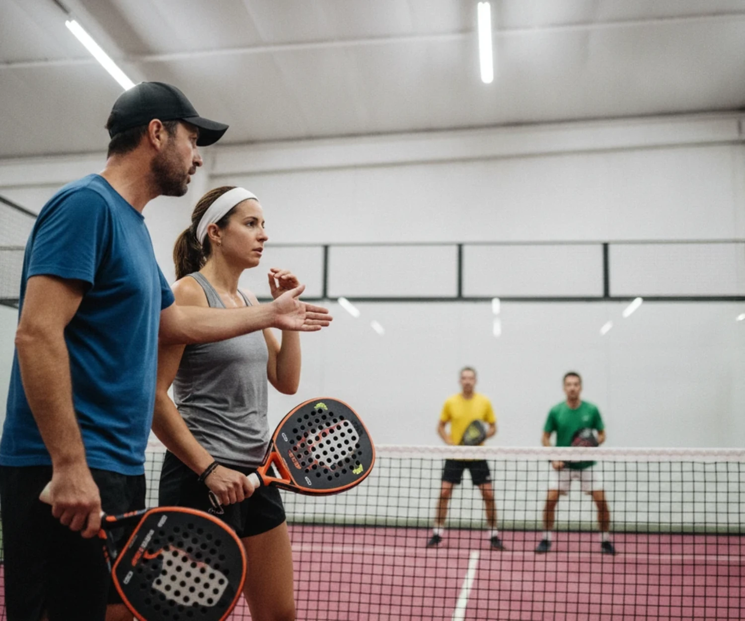 Deux partenaires de padel discutent entre deux points avant de vérifier s'ils passent le cut du tournoi