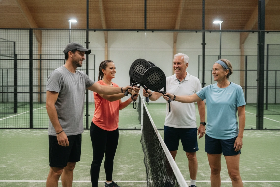 Quatre joueurs de padel tapent leurs raquettes au-dessus du filet à la fin d'un match, court vert couvert
