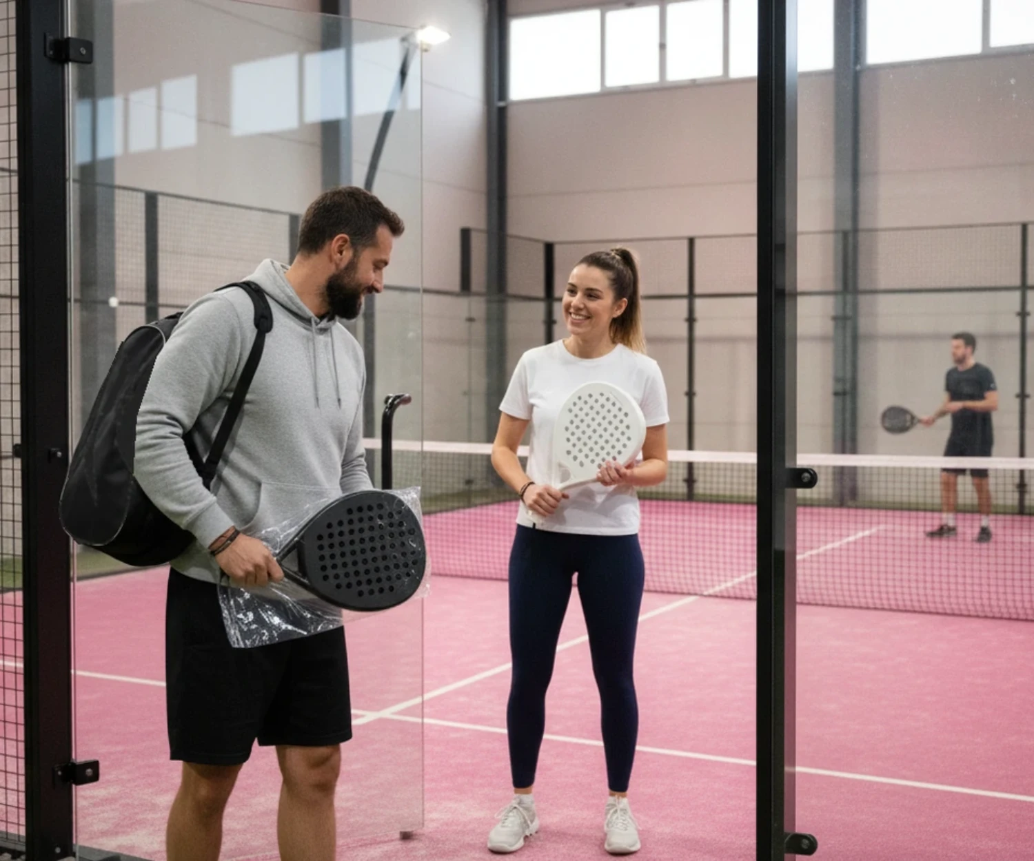Un joueur entre sur un court de padel rose avec un sac et une raquette encore sous film plastique, sa partenaire l'attend