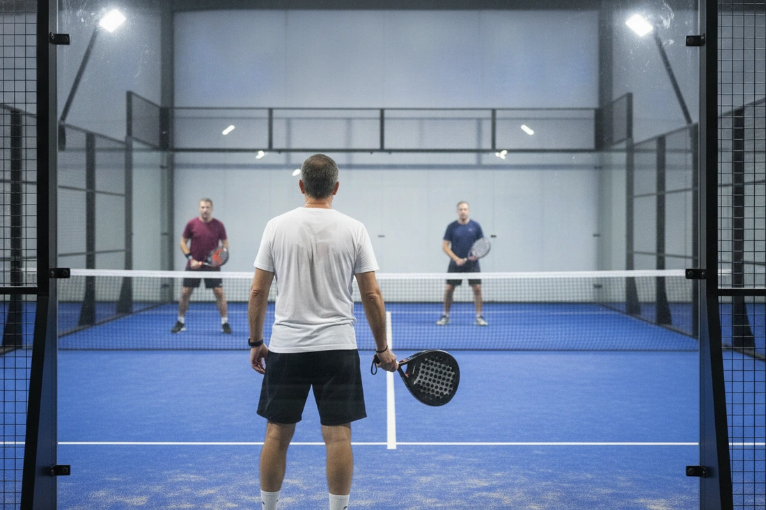Un joueur de padel vu de dos derrière la vitre du fond, ses adversaires au filet sur une piste bleue