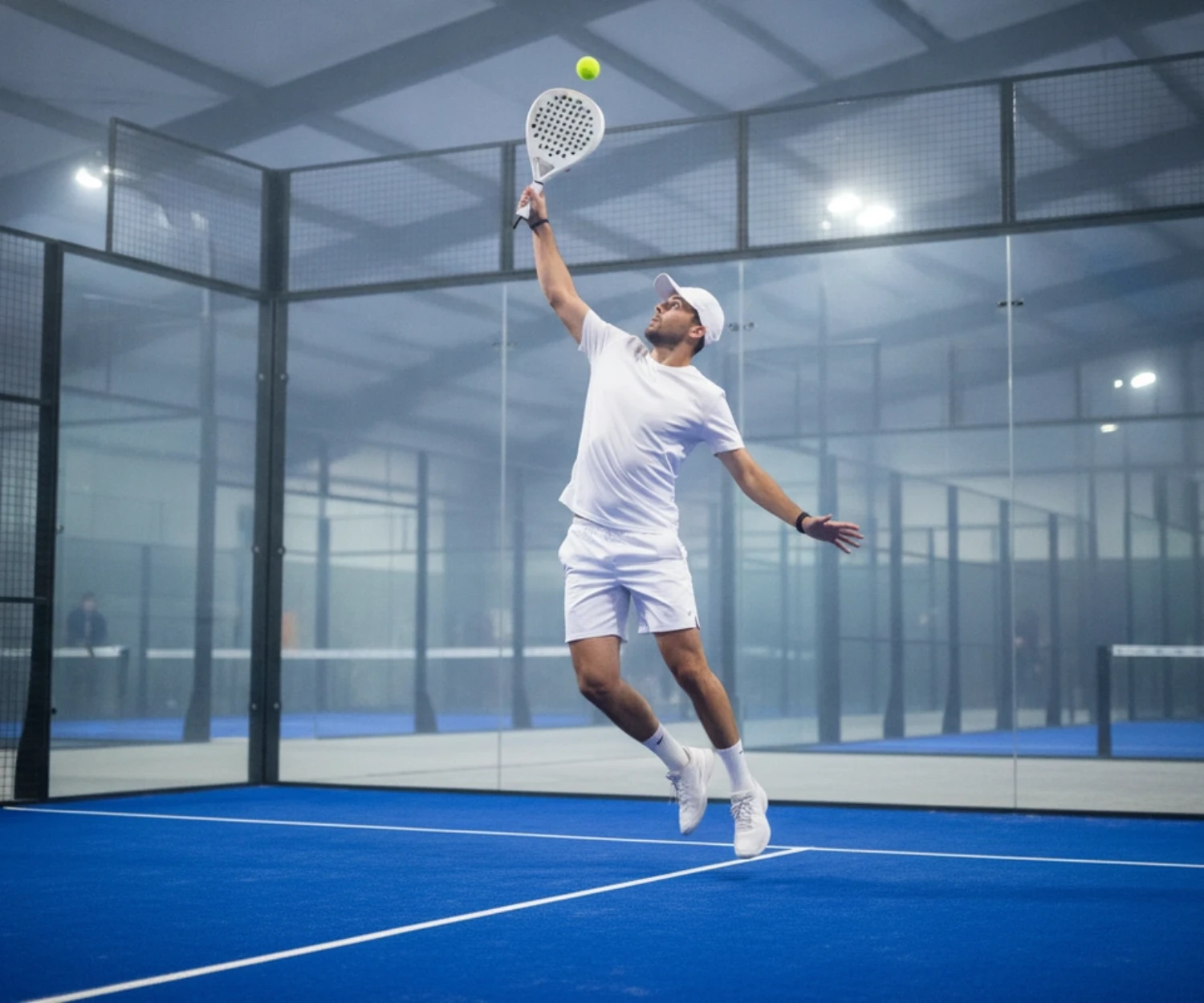Joueur au smash sur un court de padel indoor bleu, raquette pleine perforée sans marque visible