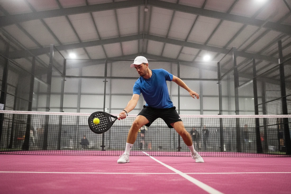 Volée basse en extension au filet sur un court de padel indoor rose