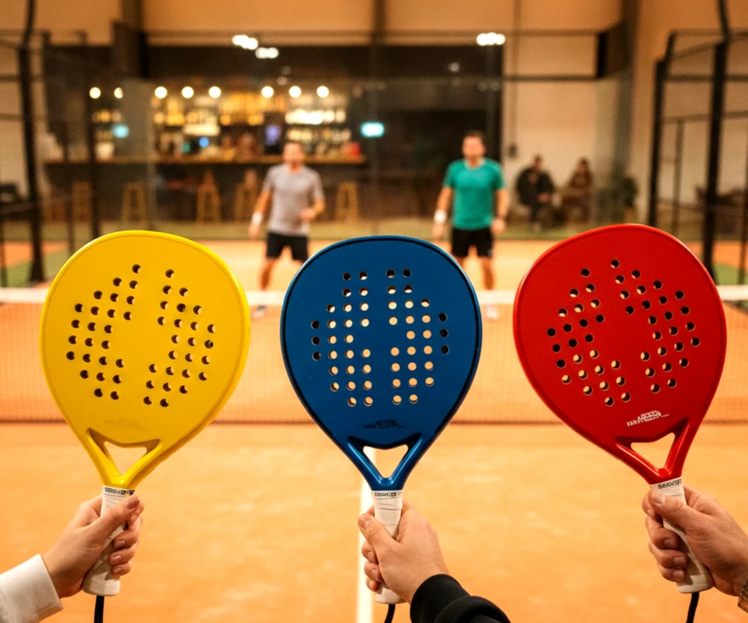 Trois raquettes de padel de marques différentes tenues côte à côte devant un court
