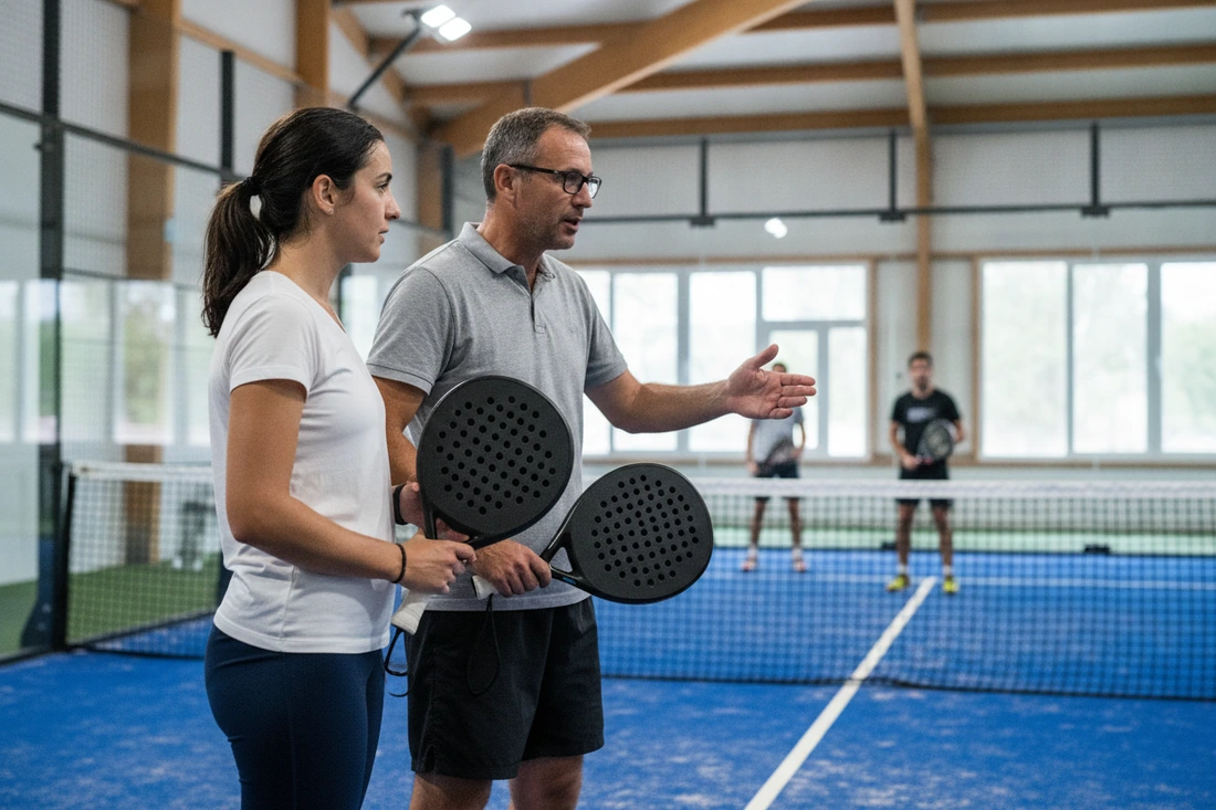 Une joueuse de padel et son partenaire discutent tactique au bord d'une piste bleue, raquettes en main, dans un club couvert