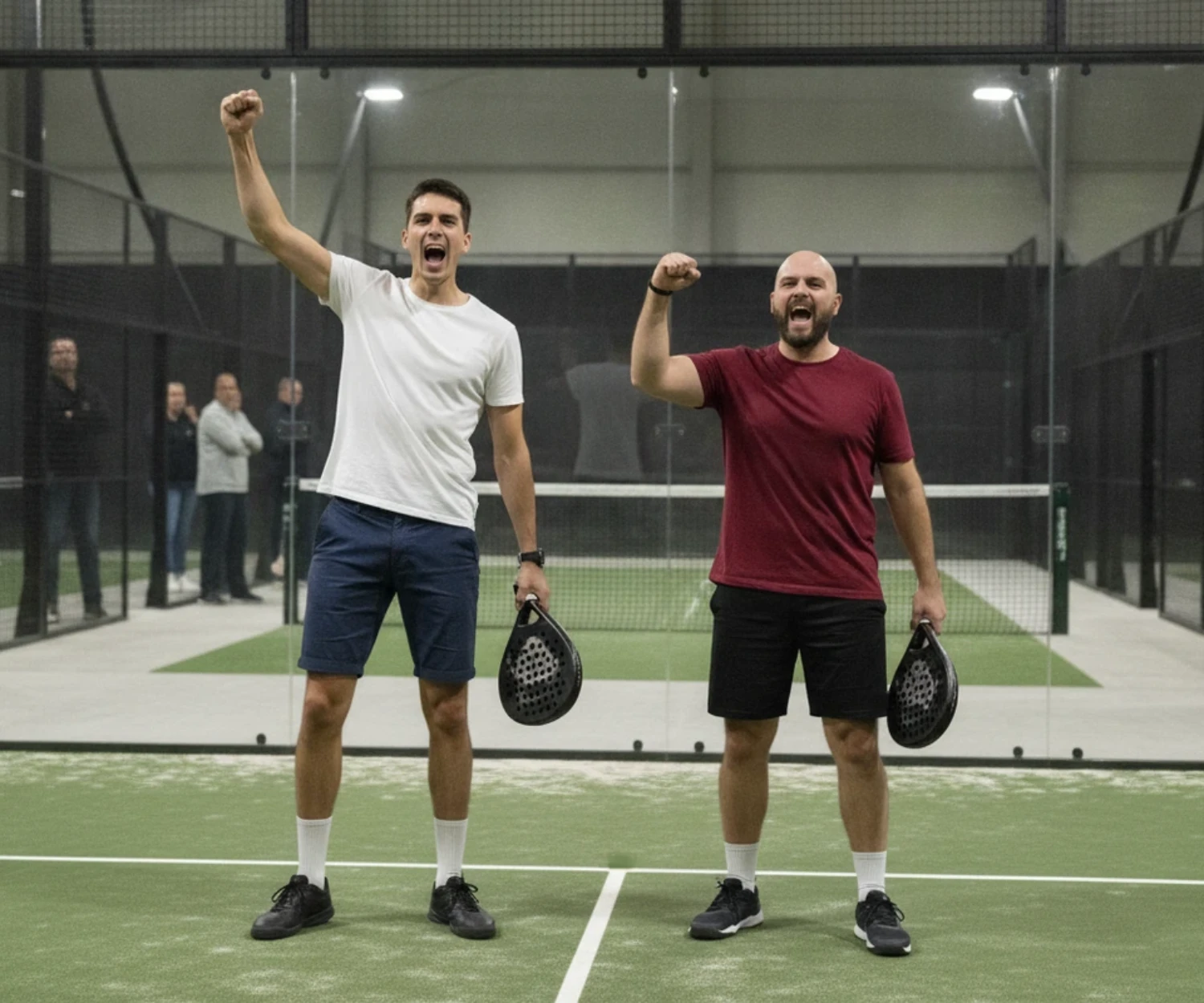 Deux joueurs de padel lèvent le poing après un point gagné sur un court intérieur au gazon vert, spectateurs derrière la vitre