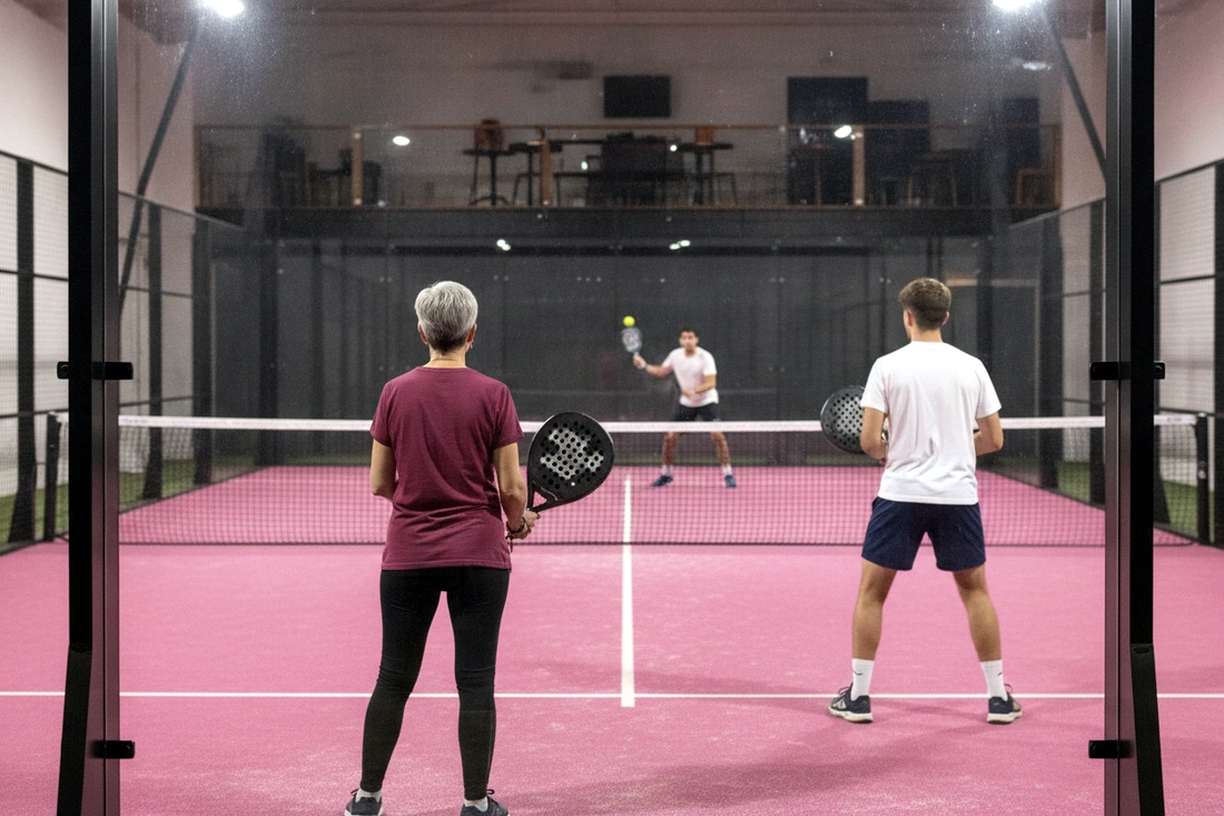 Un double de padel vu de derrière la vitre du fond, deux joueurs au filet face à leurs adversaires sur une piste rose