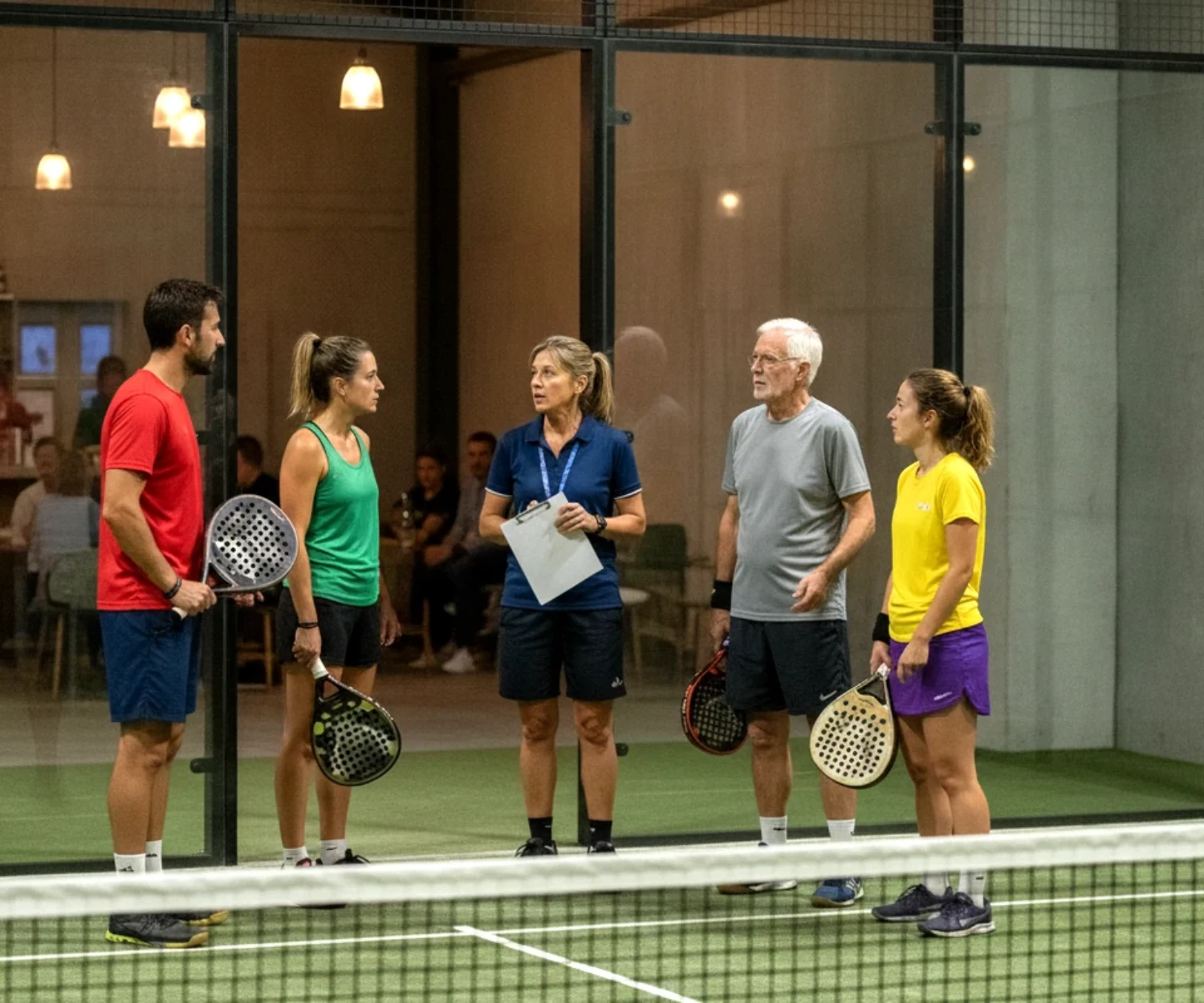 Une juge-arbitre briefe quatre joueurs à l'entrée du court avant un match de tournoi de padel