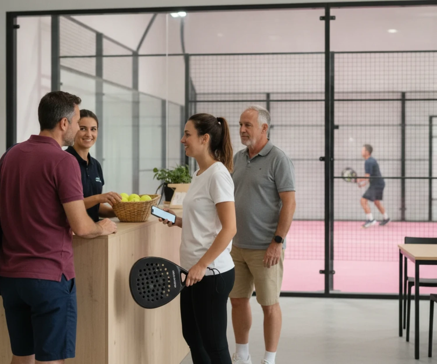 Joueurs à l'accueil d'un club de padel à Angers, comptoir de réservation et court visible derrière la vitre
