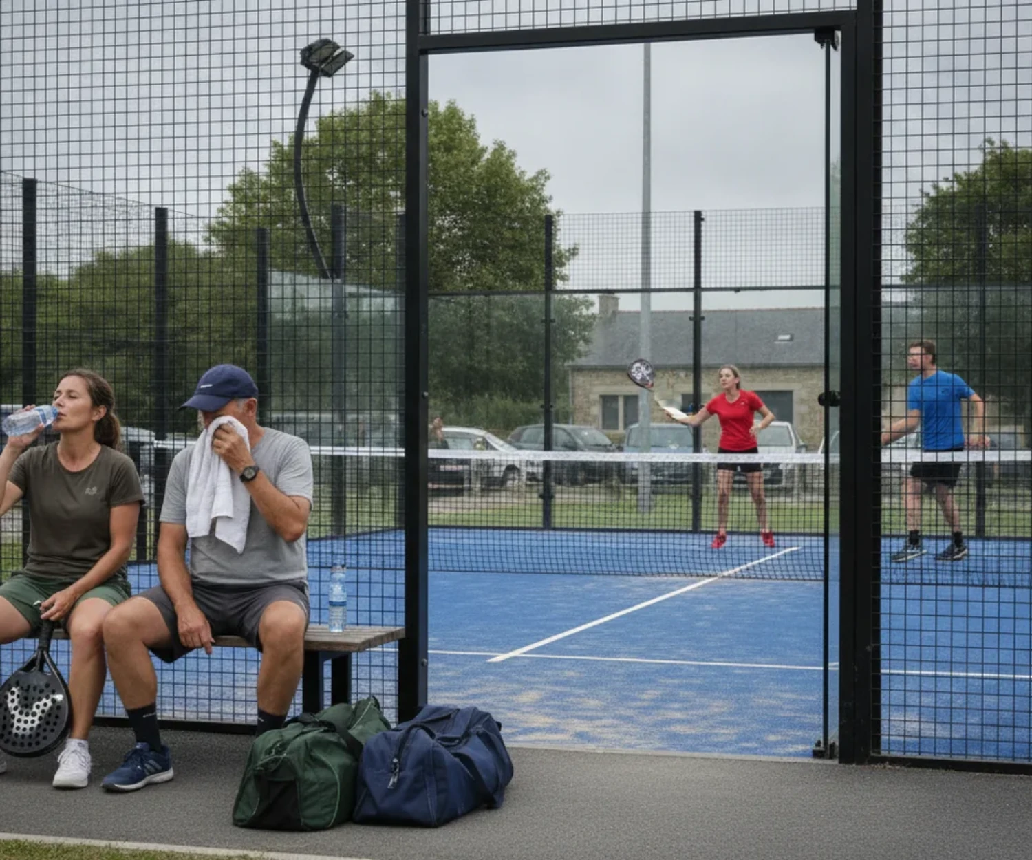 Deux joueurs en pause sur le banc d'un court de padel extérieur à Brest pendant que deux autres jouent