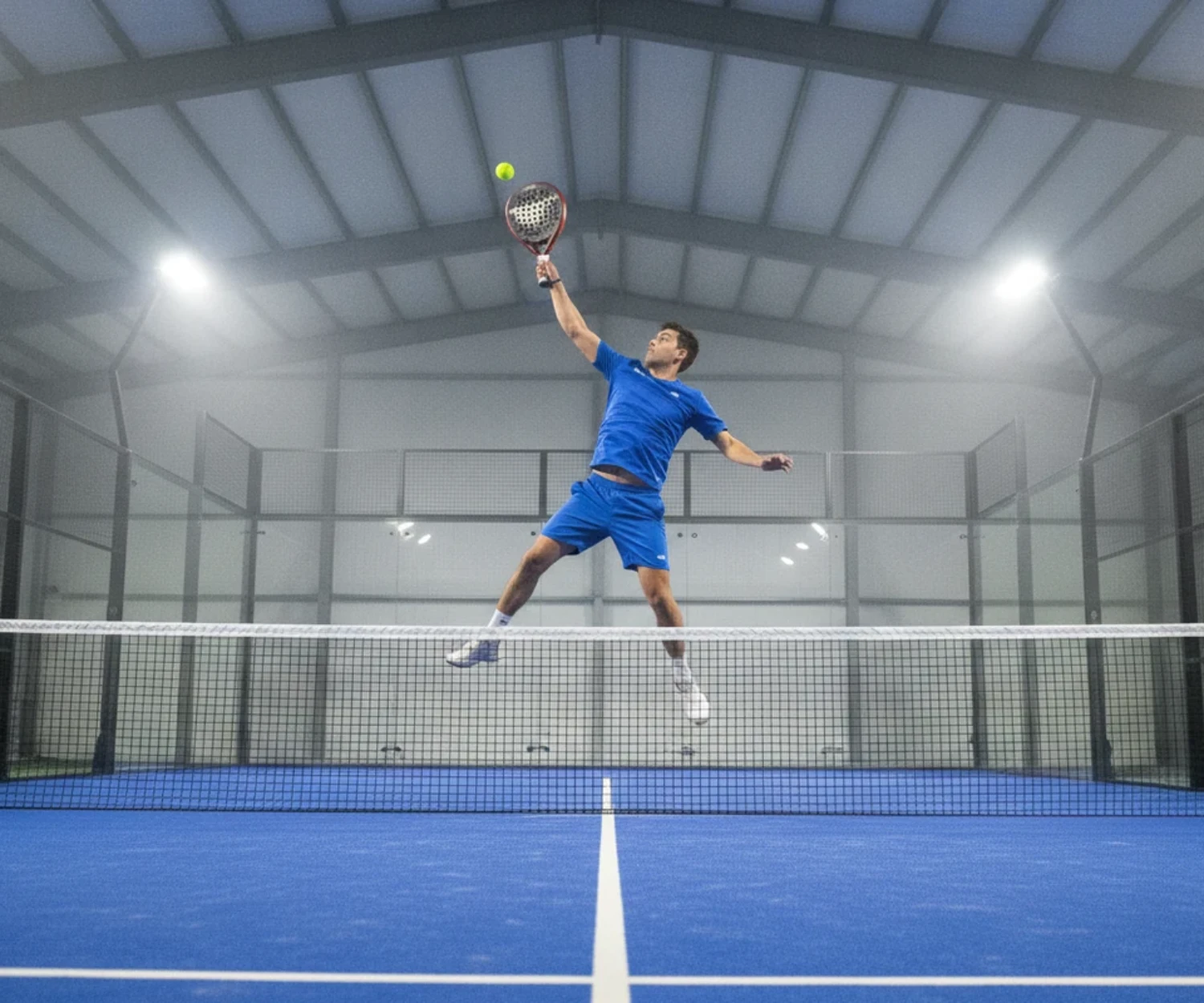 Joueur de padel en suspension au moment du smash sur un court indoor a sol bleu